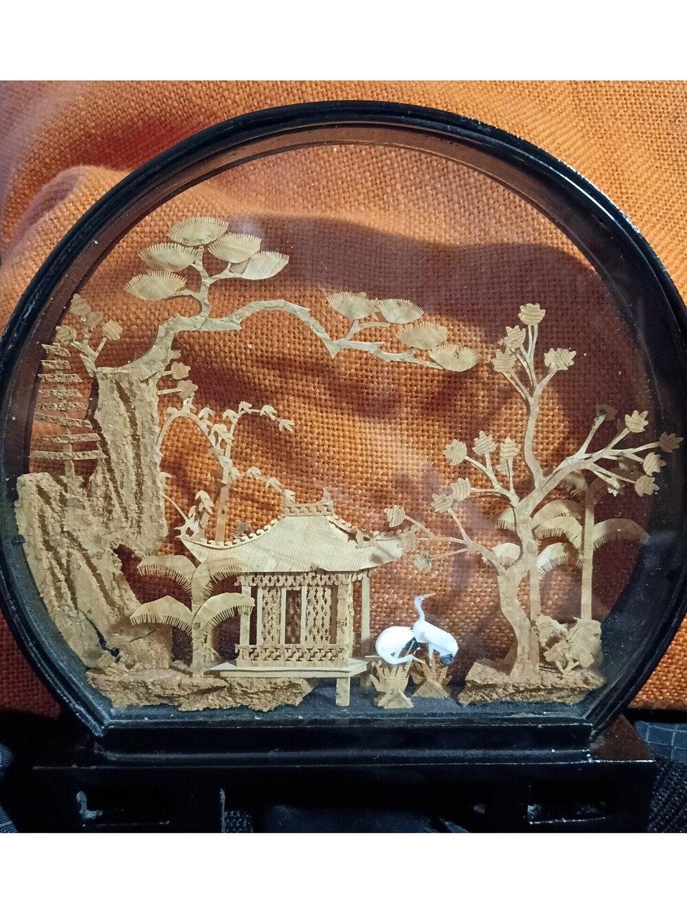 Vintage Chinese Cork Carving Diorama Shadow Box - Pagoda & Cranes Glass Frame